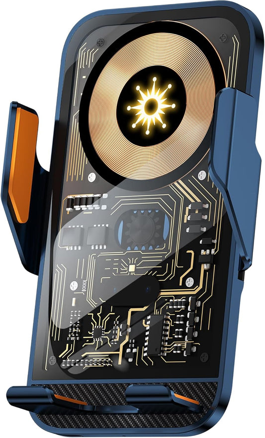 Wireless Charger Holder, Auto Clamp Vent Phone Mount - 15W Fast Charging Dual Induction Car Phone Mount with Transparent Design for iPhone 16 Pro Max 15 14 13 12 11, Sumsung S24 S23 S22 Series