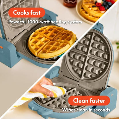 bella Flip-n-Store Waffle Maker, EverGood™ Ceramic Nonstick Coating, Fits-anywhere™ Kitchenware, Power Indicator Light & Touch Handle, 7” Wide & 1" Deep Plates, 1000 Watt, Surf
