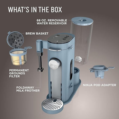 Ninja Pod & Grounds Specialty XL Single-Serve Coffee Maker, K-Cup Pod Compatible, Brews Grounds, Compact Design, Built-In Milk Frother, 68-oz. Reservoir, 6oz. Cup-24oz. Mug Sizes, Denim Blue, PB055ABL