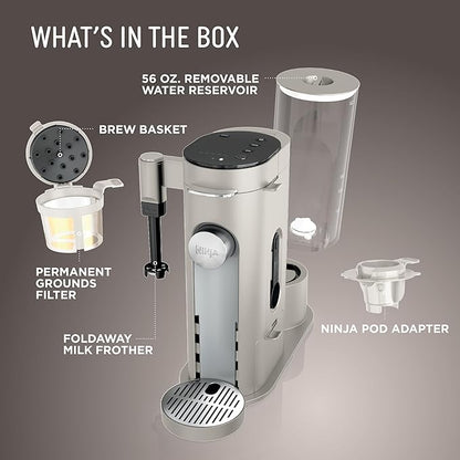 Ninja Pod & Grounds Specialty Single-Serve Coffee Maker, K-Cup Pod Compatible, Brews Grounds, Compact Design, Built-In Milk Frother, 56-oz. Reservoir, 6-oz. Cup to 24-oz. Mug Sizes, Stone, PB051ST