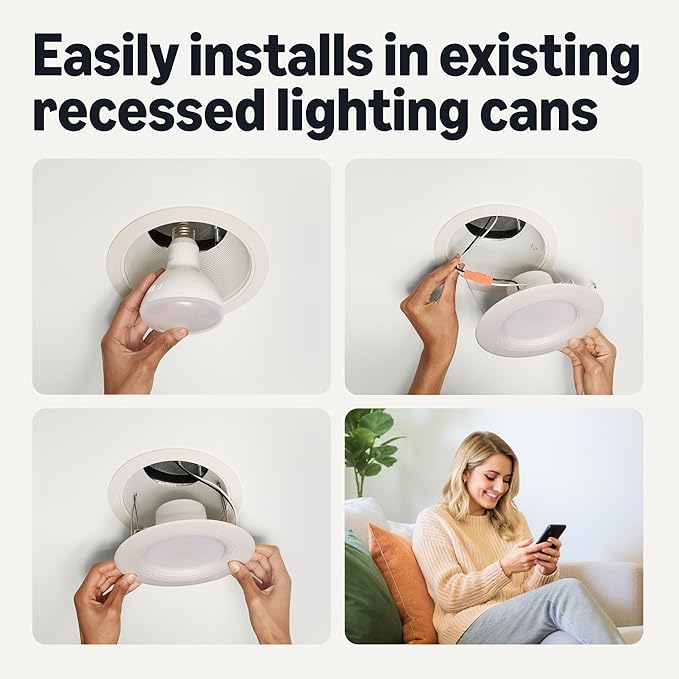 Amazon Basics Smart Recessed 5/6 Inch Downlight, Color Changing, Works with Alexa only, 2.4GHz WiFi, 4 Pack