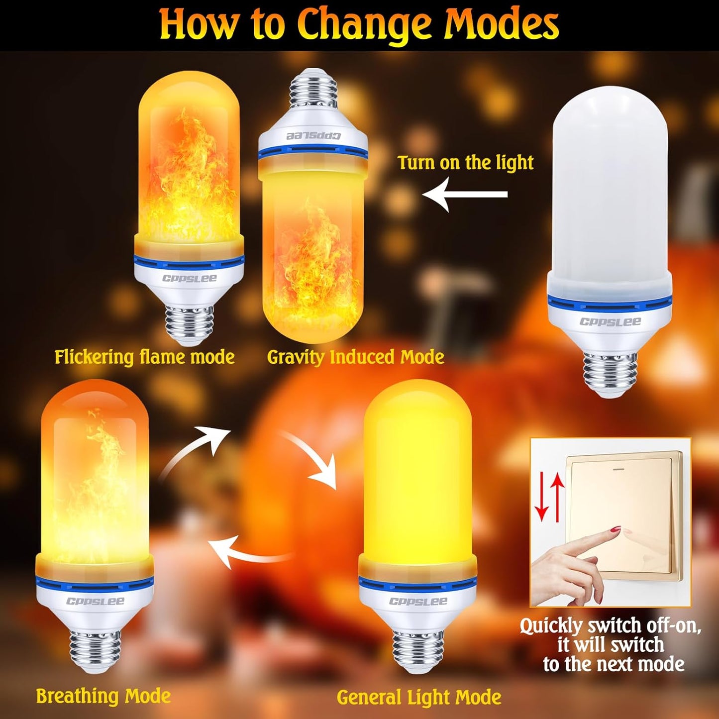 CPPSLEE Upgraded LED Flame Light Bulbs, 4 Modes Flickering Light Bulbs, E26 Base Fire Flame Bulb for Halloween Decorations Outdoor, Christmas Lights Patio Indoor Home Decor (Yellow, 4 Pack)