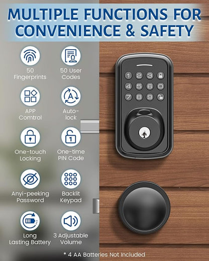 Keyless Entry Door Lock with Handle Set, Smart Door Lock with Fingerprint, 5 in 1 Unlock, Auto Lock Biometric Fingerprint Door Lock for Front Door, Easy Installation (Black)