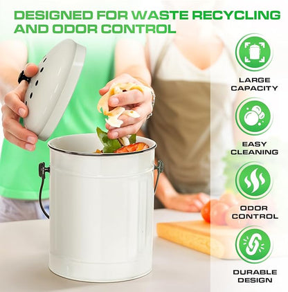 Plexon Kitchen Compost Bin Indoor with Lid, Off-White 1.5 Gallon Odorless Container, Steel Food Compost Bucket for Kitchen with Charcoal Filter, Compost Pail Countertop