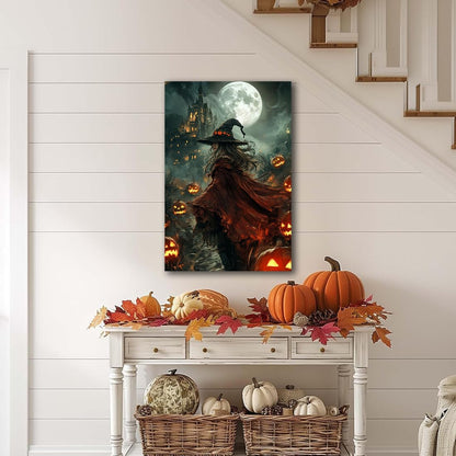 Dark and Moody Gothic Witch Poster Wall Art,Vintage Rustic Witch in Cloak with Castle Pumpkin Road Dark Gothic Poster,Goth Spooky Season Halloween Prints for Fantasy Office,8"x12" Framed