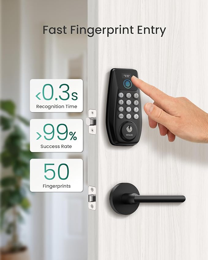 DESLOC C110 Fingerprint Keyless Entry Door Locks, Front Door Smart Lock Deadbolt with 2 Lever Handles, Auto-Lock, Backlit Keypad, 12 Months Battery, IP54 Waterproof, BHMA Grade 3 (Black)