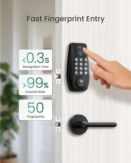 DESLOC C110 Fingerprint Keyless Entry Door Locks, Front Door Smart Lock Deadbolt with 2 Lever Handles, Auto-Lock, Backlit Keypad, 12 Months Battery, IP54 Waterproof, BHMA Grade 3 (Black)