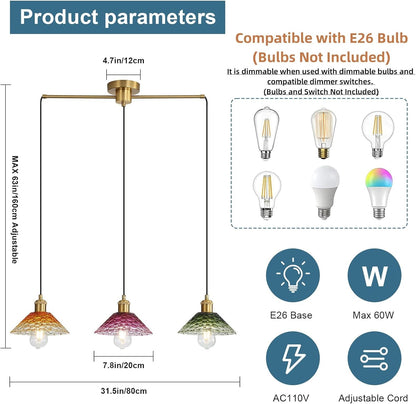 3-Light Pendant Lights Kitchen Island, Ceiling Hanging Lighting Fixtures, Colorful Vintage Glass Shade Pendants, Modern Gold Dining Room Chandeliers Height Adjustable for Farmhouse Living Room