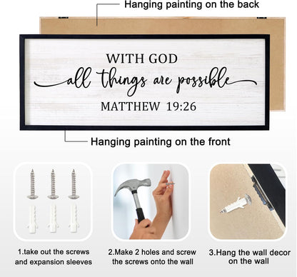 With God All Things are Possible Framed Wall Art, 40''×15'' Positive Holy Religious Rustic Bible Verse for Christian God Jesus Christ Prayer, Vintage Horizontal Inspirational Catholic Scripture Decor