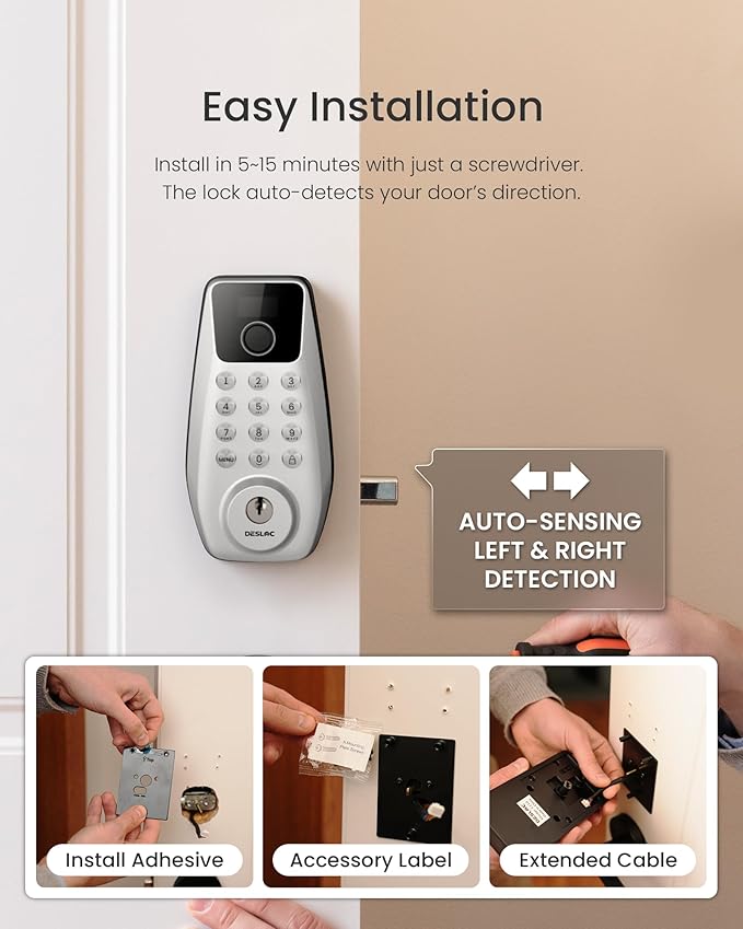 DESLOC C110 Fingerprint Smart Front Door Lock Set with Handle Keyless Entry Door Lock, Keypad Deadbolt, Auto-Lock, Easy DIY Installation, IP54 Weatherproof, Fits Most US Doors, Sliver