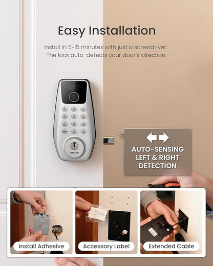 DESLOC C110 Fingerprint Smart Front Door Lock Set with Handle Keyless Entry Door Lock, Keypad Deadbolt, Auto-Lock, Easy DIY Installation, IP54 Weatherproof, Fits Most US Doors, Sliver