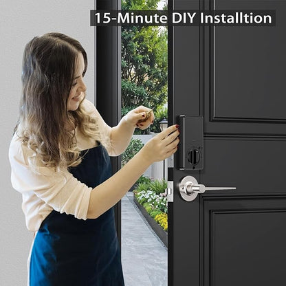 keyless Entry Door Lock deadbolt with Handle Set- Front Door Fingerprint Smart Locks with 2 Lever Handles-Keypad Code Deadbolt -App Control,Auto Lock,Easy to Install (Silver)