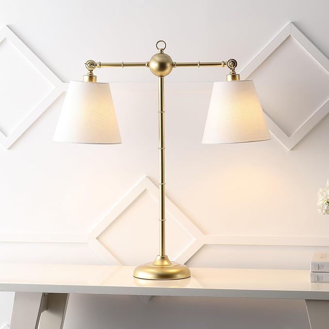 JONATHAN Y 31" Gold 2-Light Contemporary Farmhouse Adjustable Iron Library LED Table Lamp, White Linen Shades for Living Room Office Sideboard, LED Bulbs Included JYL3074A