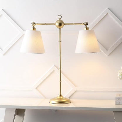 JONATHAN Y 31" Gold 2-Light Contemporary Farmhouse Adjustable Iron Library LED Table Lamp, White Linen Shades for Living Room Office Sideboard, LED Bulbs Included JYL3074A
