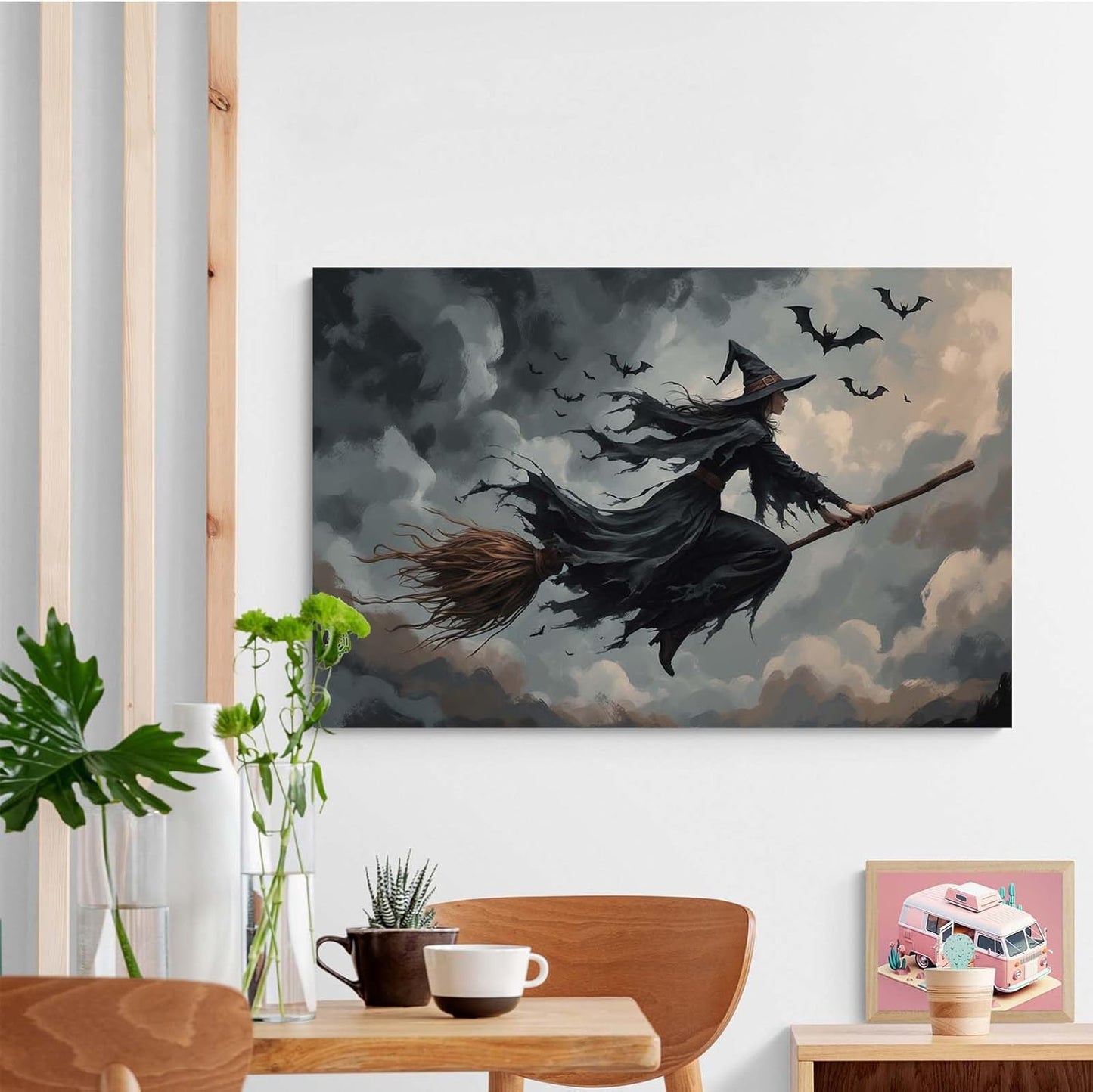 JFHCQJPK Witch and bat flying Halloween poster suitable for home party wall decoration retro Halloween preppy style wall art canvas print suitable for room decoration32x48in Frameless