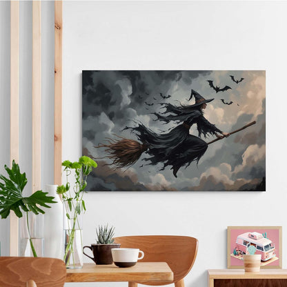 JFHCQJPK Witch and bat flying Halloween poster suitable for home party wall decoration retro Halloween preppy style wall art canvas print suitable for room decoration32x48in Frameless