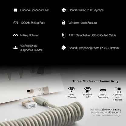 TECWARE Phantom+ Elite 87 Key RGB Mechanical Gaming Keyboard, LED Backlit, Universal Hot-Swap, Wired and Wireless, 3 Mode Connectivity, Thocky Sounding, White Elite Wraith Brown