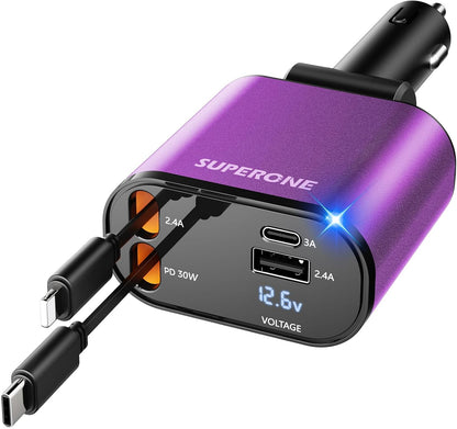 【Upgraded】 SUPERONE Retractable Car Charger 4 in 1, Fast Car Phone Charger with Cord 2.6ft, USB C and Apple Car Charger Adapter, Compatible with iPhone 15/15 Pro Max/14/13/12/11, Galaxy, Pixel
