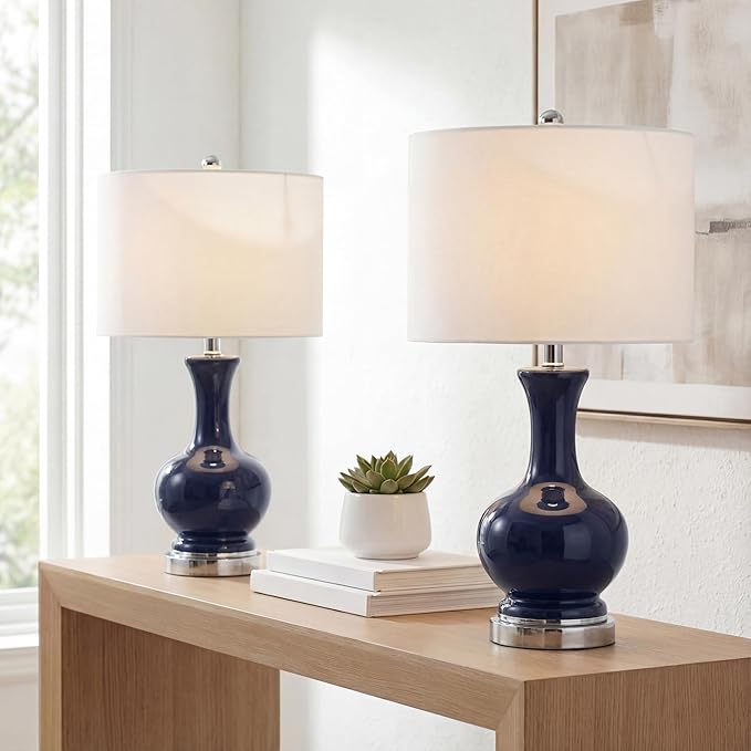 JONATHAN Y 22" Navy/Chrome Modern Glass Table Lamp Set of 2, Brass Gold Bedside Lamp with White Linen Shade for Bedroom Living Room, LED Bulbs Included (JYL4033C-SET2)