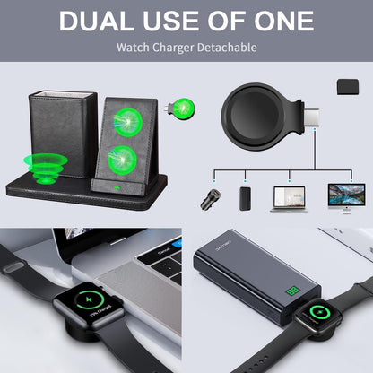 White Leather Pen Holder Desk Organizer with 3-in-1 Wireless Charger for Phone, Earbuds, Watch - Desktop Phone Stand,Birthday Gifts for Women,mom Gifts (Black)