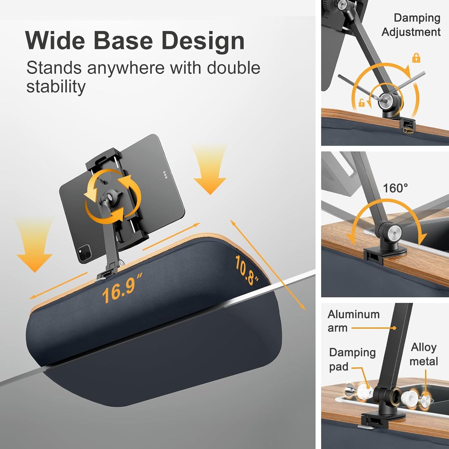 Lap Beanbag Tablet Pillow Stand,Adjustable iPad Holder with Snack Bowl,360° Rotating Clip for 4.7-13" Kindle,Phone,Tablet.Ideal for Hands-Free Reading and Relaxation on Bed,Couch,Recliner,Gray