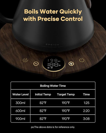 Cocinare Barista Collection Gooseneck Electric Kettle, ±1℉ Precise Temperature Control for Pour-Over Coffee & Tea, Quick Heating 1500W, Stainless Steel Interior, 0.9L (Obsidian Black)