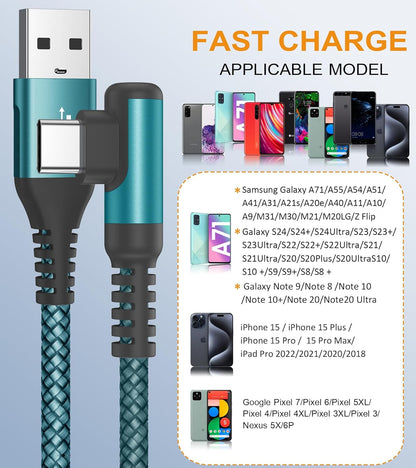 sweguard USB Type C Charger Cable Right Angle [2-Pack,6.6FT] iPhone 15 Charger Nylon Braided Cord for iPhone 16 15 Pro Max Samsung Galaxy S25 S24 S23 S22 S21 S20 S10 S9 Note A15 A55 Flip Pixel LG Moto