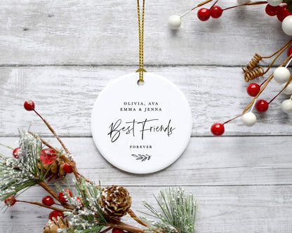 Andaz Press Personalized Best Friends Round Ceramic Porcelain Christmas Tree Ornament Keepsake Collectible Gift, Olivia, Ava, Emma & Jenna, Best Friends Forever 2025, Antique Handdrawn, 1-Pack