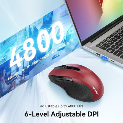 TECKNET Rechargeable Jiggler Wireless Mouse (BT5.0/3.0 & 2.4G) 4800 DPI Silent USB A & Bluetooth Mouse 6 Buttons, Wide Compatibility - Red