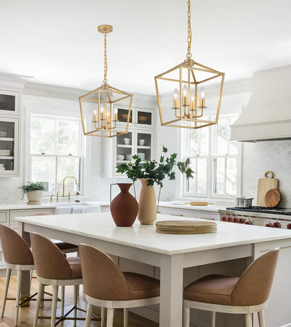 Industrial 4 Lights Chandelier, Gold Lantern Ceiling Light Fixtures with Rustic Metal Cage Adjustable Height Farmhouse Geometric Hanging Light for Kitchen Island, Dining Room, Entryway, UL Listed