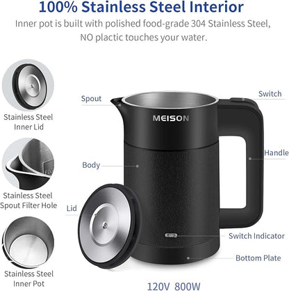0.6L Small Electric Kettles Stainless Steel, Travel Mini Hot Water Boiler Heater, Double Wall Cool Touch Portable Teapot, Auto Shut-Off & Boil-Dry Protection, 120V/800W, 2 Year Warranty (Black)
