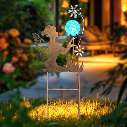HONGLAND Solar Garden Lights Outdoor Decor, Fairy Figurine Moon Crackle Glass Lights Stake, Housewarming Ornament for Patio, Lawn, Yard, Pathway - Unique Gardening Gifts for Women Mom Grandma