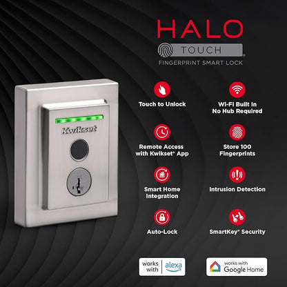 Kwikset Halo Touch Fingerprint Wi-Fi Smart Lock, Keyless Entry Door Low Profile Deadbolt, Geofence Auto-Unlock, Grade AAA Certified, No Hub Easy Install, Satin Nickel Lifetime Finish Warranty, Square