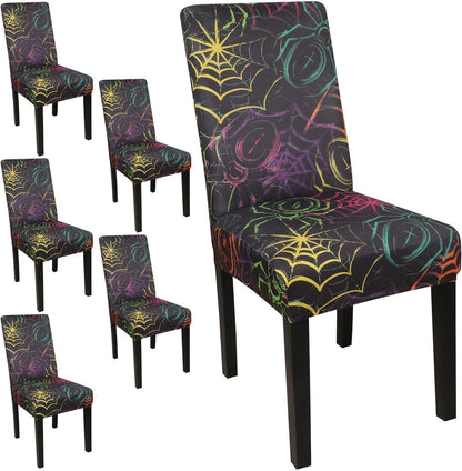 JQinHome Spider Halloween Chair Slipcover,Web Black Chair Covers Set of 6, High Stretch Washable Chair Protector Cover for Dining Room, Kitchen,Home Party,Wedding Ceremony(Spider,6PC)