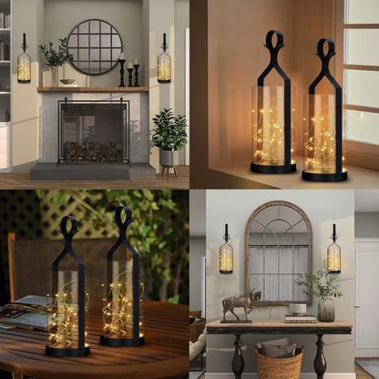 Metal Wall Sconce 35 Led Lantern Set of 2 - Black Wall Mounted Hanging Holder with Glass & Candles Vintage Wall Decor for Porch, Living Room, Dining Room, Bedroom Indoor Decor