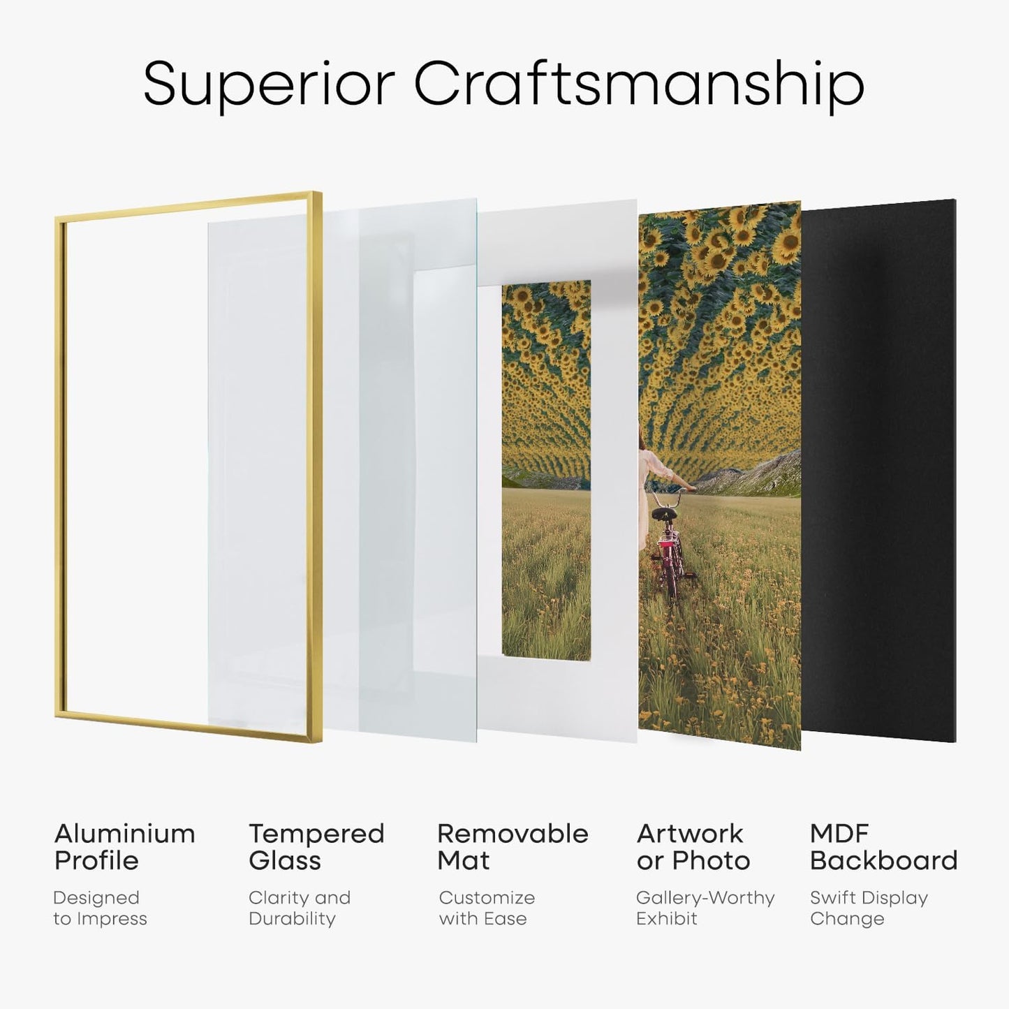 Homeforia 14x14 Picture Frame Gold, High End Metal 14 x 14 Square Poster Frame with Mat 12 x 12 Photo, 14x14 Frame Matted to 12x12 Print, 14by14 Gold Hanging Frames, Tempered Glass, Wall Kit, Set of 1