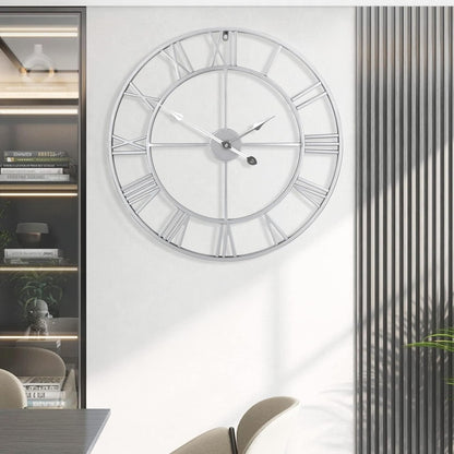 1st owned Large Wall Clock Silent Non-Ticking Roman Numerals Vintage Battery Operated (24 inch,18inch,16inch) Farmhouse Wall Clock for Living Room, Bedroom, Kitchen, Cafe Decor-Silver 47CM