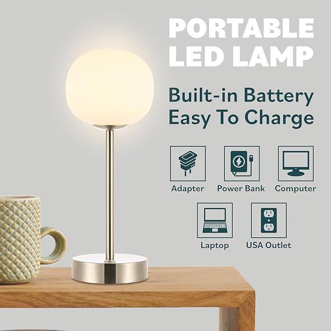 JONATHAN Y 12.25" Oil Rubbed Bronze/White Rechargeable Table Lamp, Modern Cordless LED Nightstand Lamp, White Glass Shade, Dimmable Portable Desk Lamp for Bedroom Living Room Dining (JYL7108B)