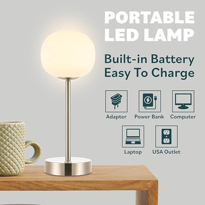 JONATHAN Y 12.25" Oil Rubbed Bronze/White Rechargeable Table Lamp, Modern Cordless LED Nightstand Lamp, White Glass Shade, Dimmable Portable Desk Lamp for Bedroom Living Room Dining (JYL7108B)