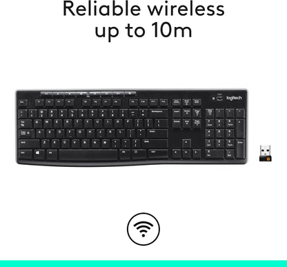 Logitech K270 Wireless Keyboard for Windows, 2.4 GHz Wireless, Full-Size, Number Pad, 8 Multimedia Keys, 2-Year Battery Life, Compatible with PC, Laptop, Black