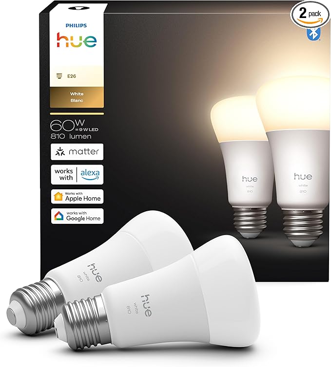 Philips Hue Smart LED A19 Bulb, Warm White Light 2700K, E26 Base, 9W, 810 Lumens, Dimmable, Works with Alexa, Google Assistant, and Apple Home, 2pk