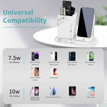 Wireless Charger with Desk Organizer, Wireless Charging Station for iPhone 13/13 Pro Max/13 Pro/12 Series/11/XS Max/XR/X/8Plus/SE 2, Wireless Charging Stand with Leather… (Marble)