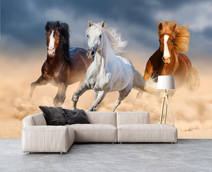 Three Running Horses Chinoiserie Wall Mural Wallpaper for Bedroom 137" x 100"
