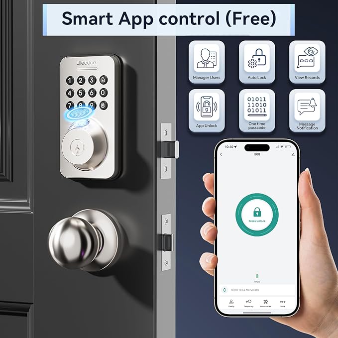 Fingerprint Keypad Deadbolt with Handle Set, Keyless Entry Door Lock, Door Locks for Front Door Lock Set, App Control, Auto Locking, Easy to Install, Satin Nickel