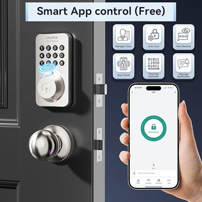 Fingerprint Keypad Deadbolt with Handle Set, Keyless Entry Door Lock, Door Locks for Front Door Lock Set, App Control, Auto Locking, Easy to Install, Satin Nickel