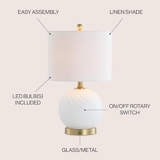 JONATHAN Y 20.5" White/Brass Gold Glass/Metal Table Lamp, Contemporary Hobnail Texture Globe Lamp with White Linen Shade for Living Room Bedroom, LED Bulb Included JYL1040A