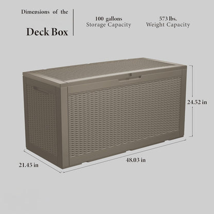 100 Gallon Double-Wall Resin Deck Box - Lockable Waterproof Outdoor Storage Box, 1000lbs Capacity & Doubles as Seating for Patio Furniture - Garden Tools, Pool Accessories (Brown)