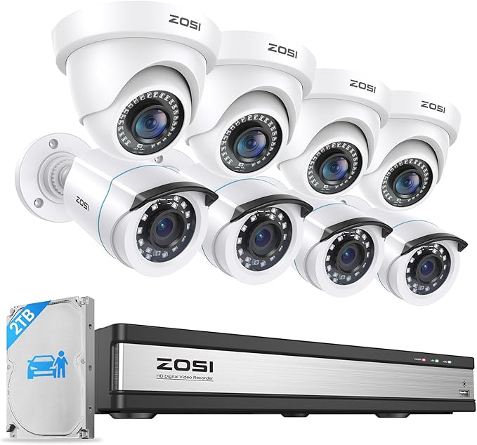 ZOSI Full 1080p 16 Channel Home Security Camera System with AI Human Vehicle Detect, 8 x 1080p Weatherproof CCTV Bullet Dome Camera Outdoor, H.265+ 16CH DVR with 2TB HDD, Night Vision, Alert Push