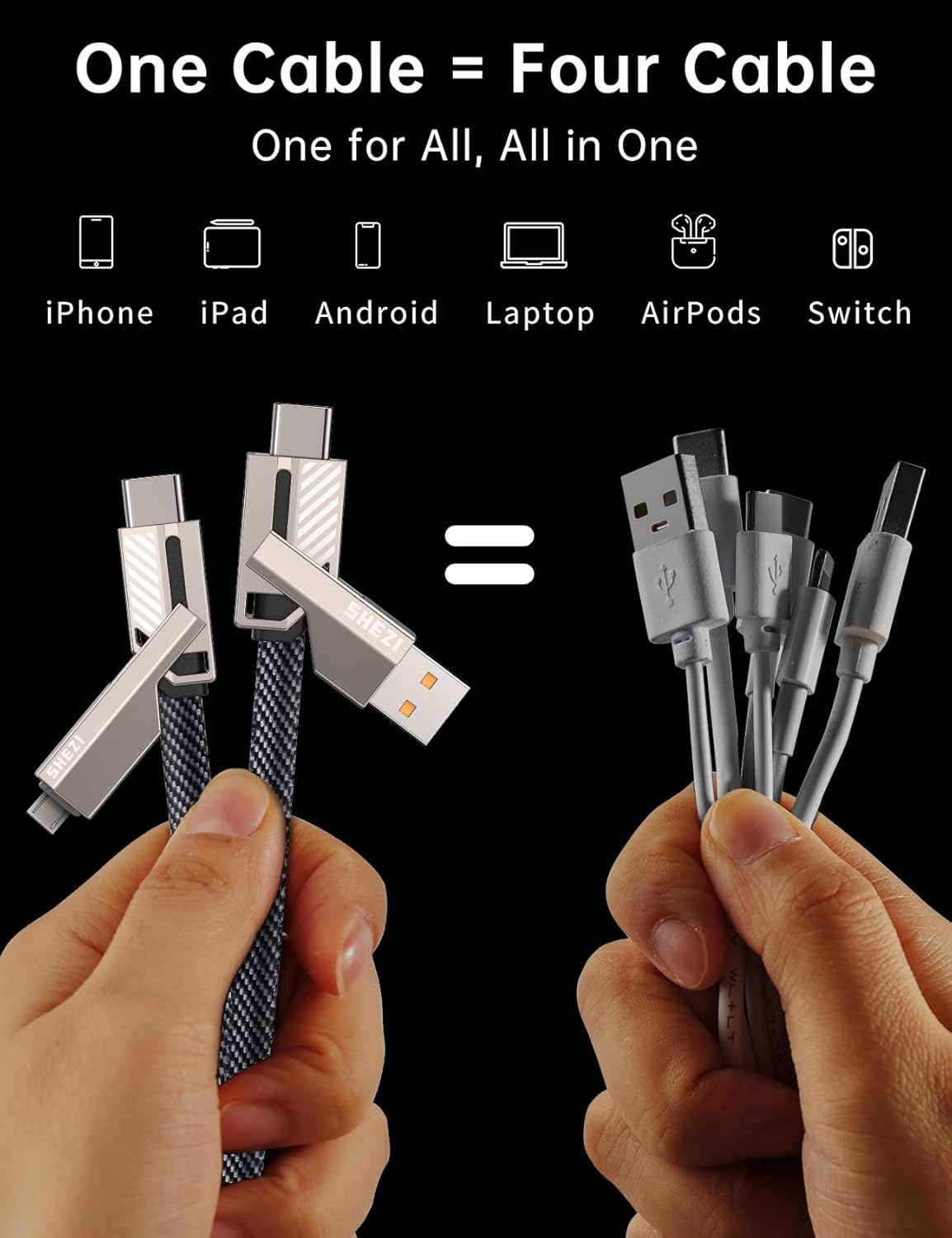 【One is Enough】 4-in-1 USB C to Micro Cable, High-Speed Charging & Fast Data Transfer,CarPlay & Android Auto Support Multi Charger Cord Combo Micro/Type C/USB A for iPhone/Samsung/iPad,3FT