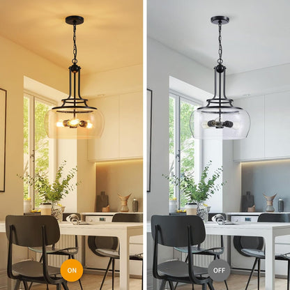 WUZUPS Chandelier Rustic Farmhouse Industrial Round Ceiling Pendant LED Light Fixture Clear Seeded Glass Shade for Dining Room Kitchen Island Foyer Entryway, H 20.9" x W 15.9", Black